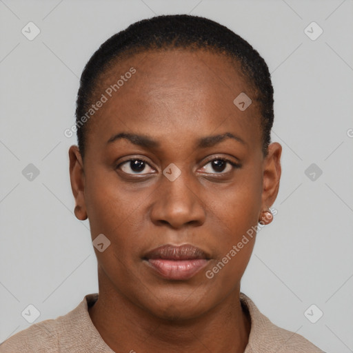 Neutral black young-adult female with short  brown hair and brown eyes