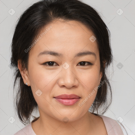 Joyful white young-adult female with medium  brown hair and brown eyes