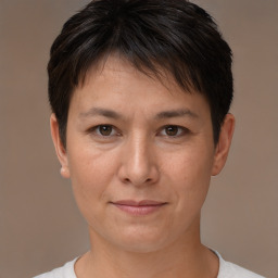 Joyful white adult female with short  brown hair and brown eyes