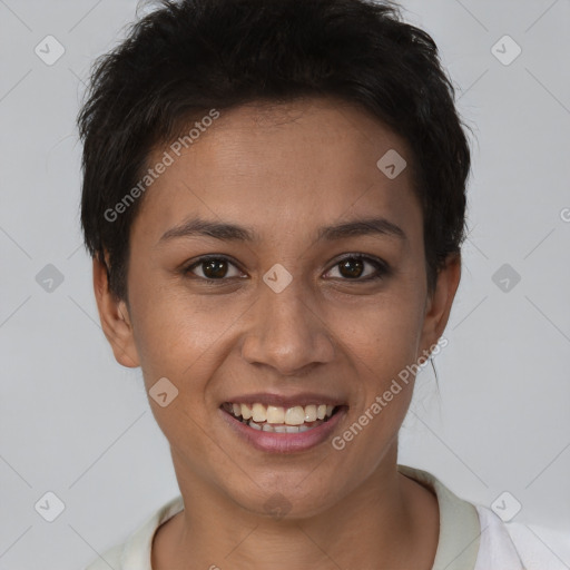 Joyful latino young-adult female with short  brown hair and brown eyes