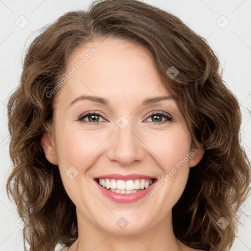 Joyful white young-adult female with medium  brown hair and green eyes