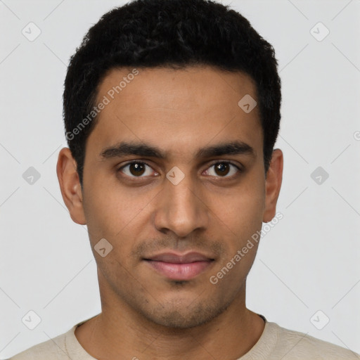 Neutral latino young-adult male with short  black hair and brown eyes