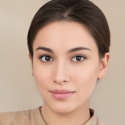 Neutral white young-adult female with short  brown hair and brown eyes