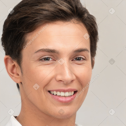 Joyful white young-adult female with short  brown hair and brown eyes