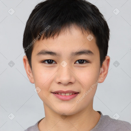 Joyful white child male with short  brown hair and brown eyes