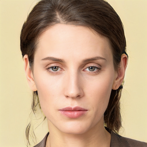 Neutral white young-adult female with medium  brown hair and brown eyes