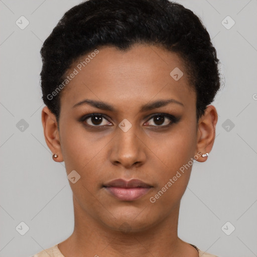 Neutral latino young-adult female with short  black hair and brown eyes