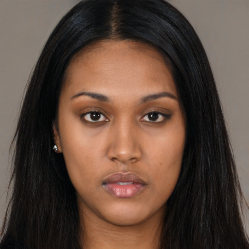 Neutral asian young-adult female with long  black hair and brown eyes