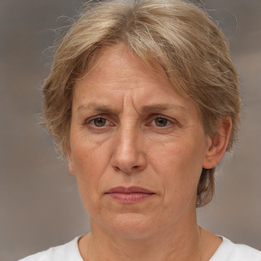 Joyful white middle-aged female with medium  brown hair and brown eyes