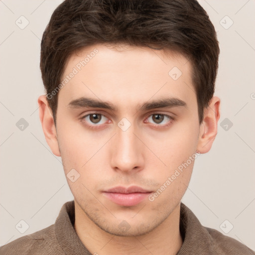 Neutral white young-adult male with short  brown hair and brown eyes