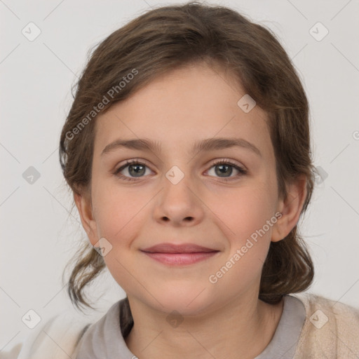 Joyful white child female with medium  brown hair and brown eyes