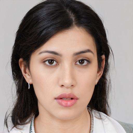 Neutral asian young-adult female with medium  black hair and brown eyes