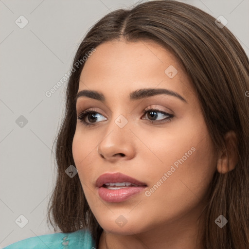 Neutral white young-adult female with long  brown hair and brown eyes