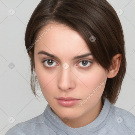 Neutral white young-adult female with medium  brown hair and brown eyes