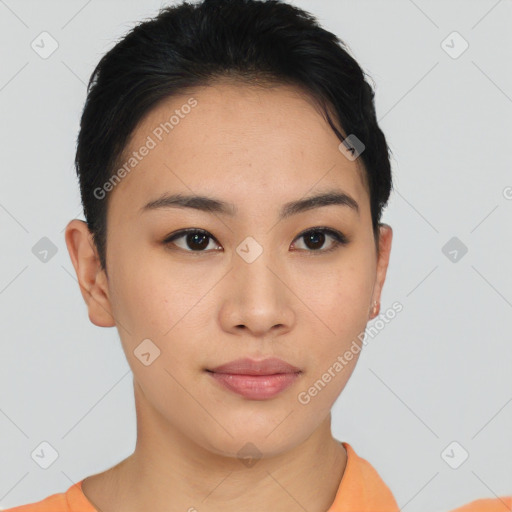 Neutral asian young-adult female with short  brown hair and brown eyes