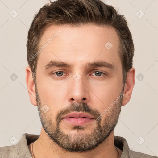 Neutral white young-adult male with short  brown hair and brown eyes