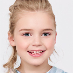 Joyful white child female with medium  brown hair and blue eyes