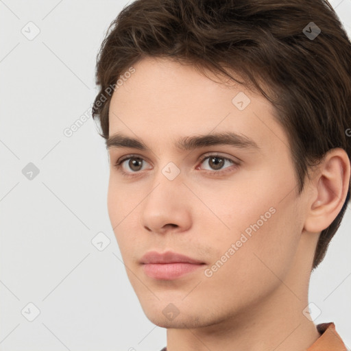 Neutral white young-adult male with short  brown hair and brown eyes