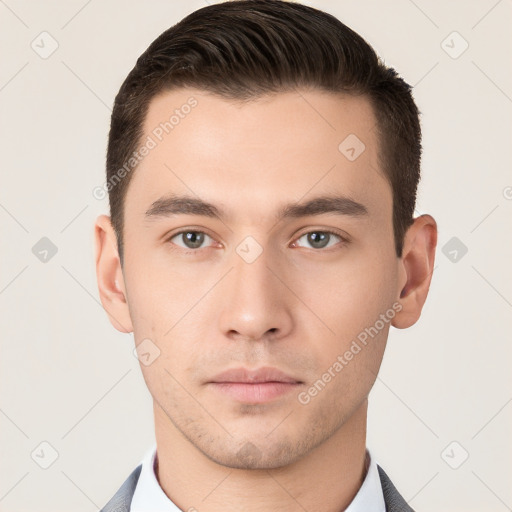 Neutral white young-adult male with short  brown hair and brown eyes