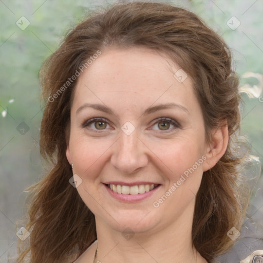 Joyful white young-adult female with medium  brown hair and green eyes