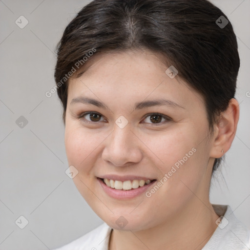 Joyful white young-adult female with medium  brown hair and brown eyes