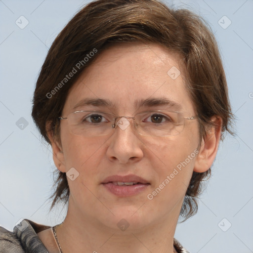 Joyful white adult female with short  brown hair and brown eyes