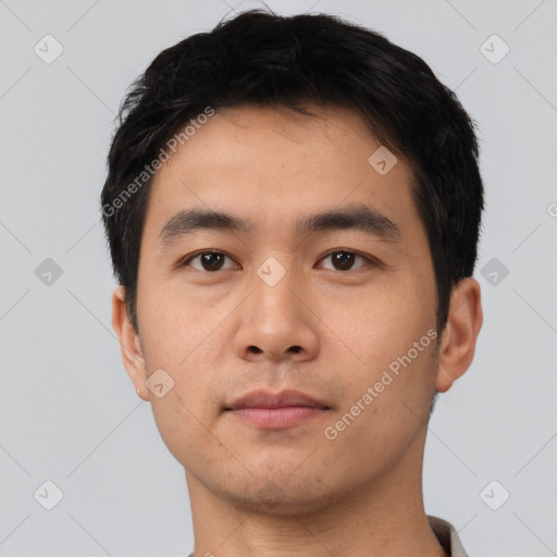 Neutral asian young-adult male with short  black hair and brown eyes