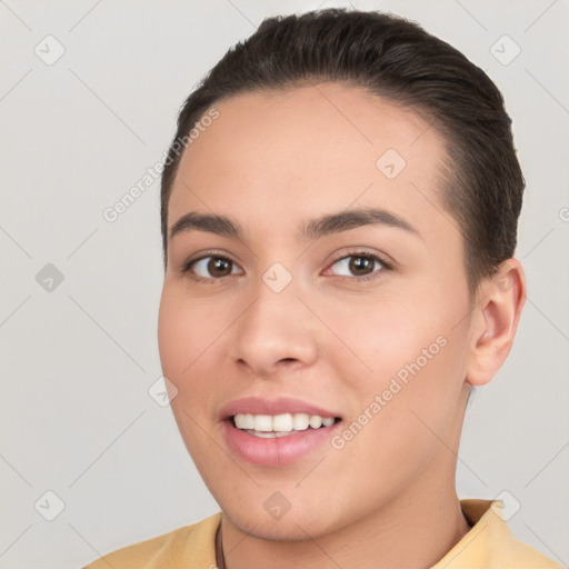 Joyful white young-adult female with short  brown hair and brown eyes