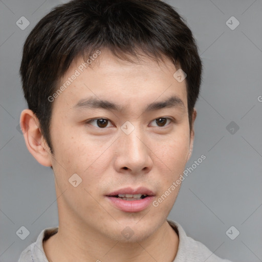 Neutral white young-adult male with short  brown hair and brown eyes
