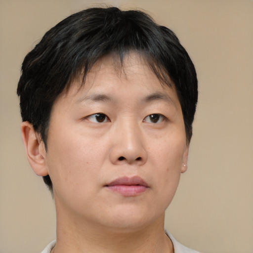 Neutral asian young-adult female with short  brown hair and brown eyes