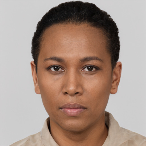 Neutral black young-adult female with short  black hair and brown eyes