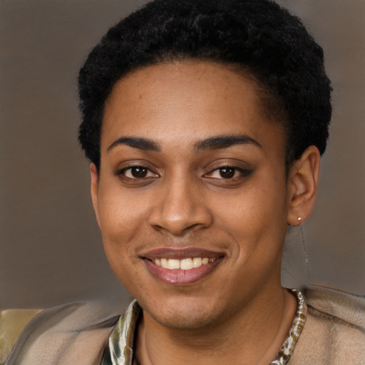 Joyful black young-adult female with short  black hair and brown eyes