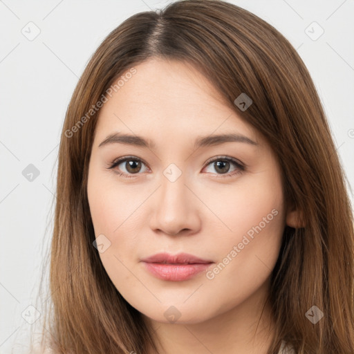 Neutral white young-adult female with long  brown hair and brown eyes