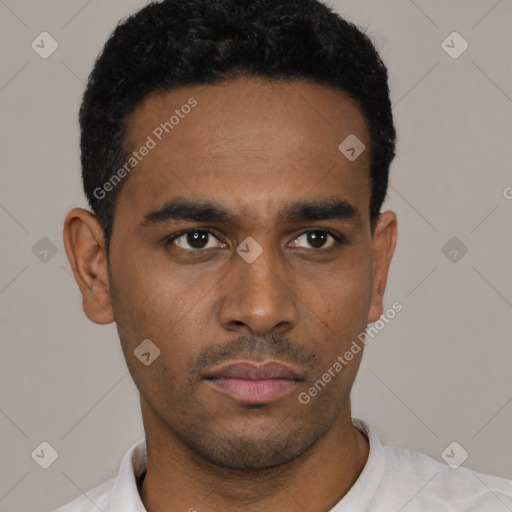 Neutral latino young-adult male with short  black hair and brown eyes
