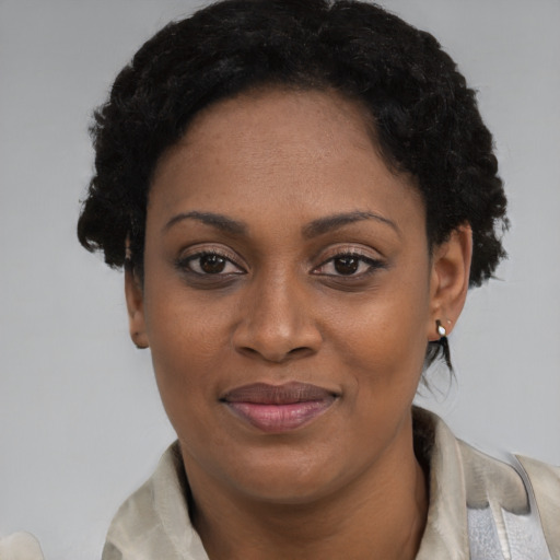 Joyful black adult female with short  black hair and brown eyes