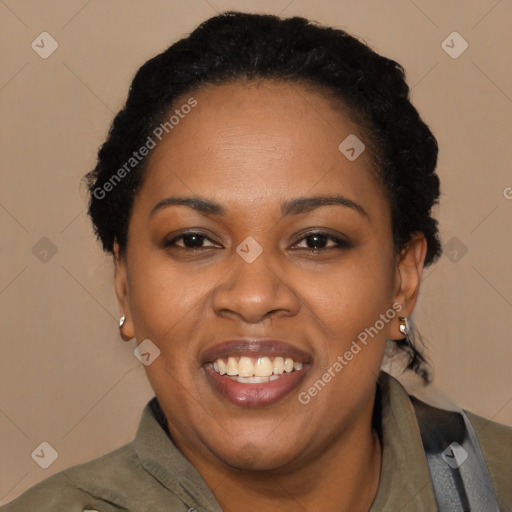 Joyful latino young-adult female with short  black hair and brown eyes