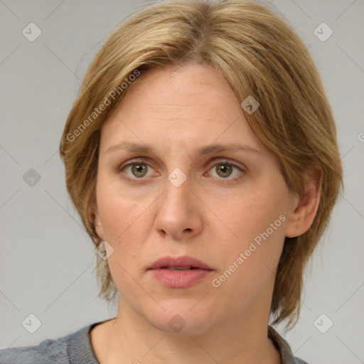 Neutral white young-adult female with medium  brown hair and grey eyes