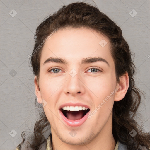 Joyful white young-adult male with medium  brown hair and brown eyes