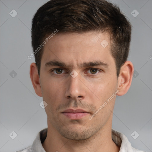 Neutral white young-adult male with short  brown hair and brown eyes