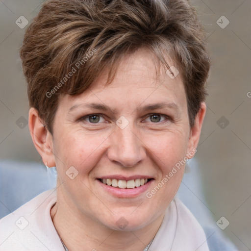 Joyful white adult male with short  brown hair and grey eyes