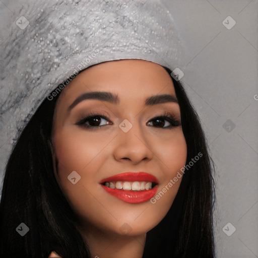 Joyful white young-adult female with long  black hair and brown eyes