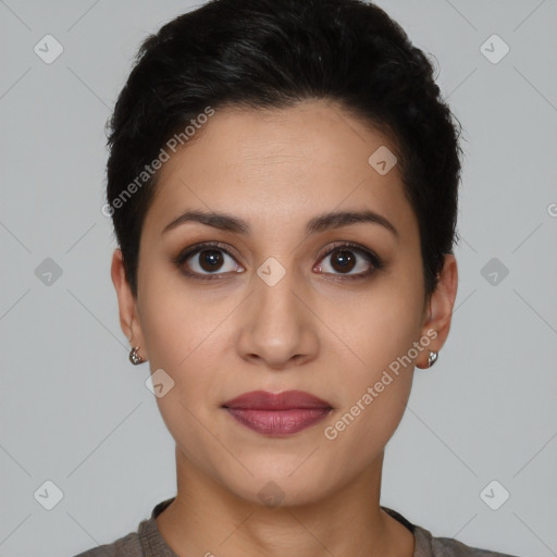 Joyful latino young-adult female with short  black hair and brown eyes