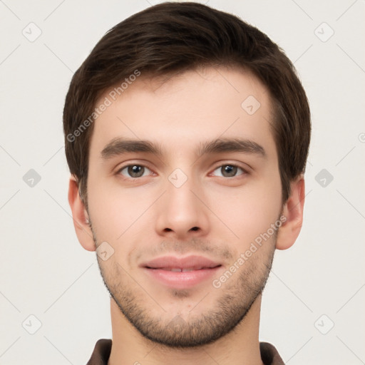 Neutral white young-adult male with short  brown hair and brown eyes