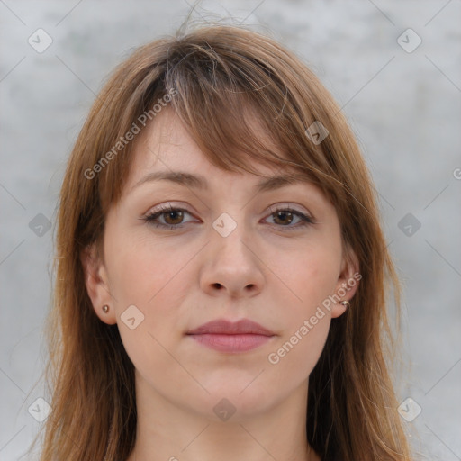 Neutral white young-adult female with long  brown hair and grey eyes