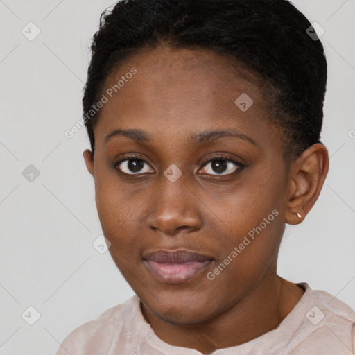 Neutral black young-adult female with short  brown hair and brown eyes