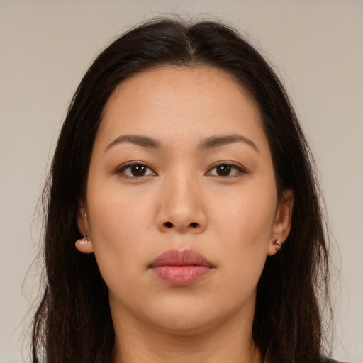 Neutral asian young-adult female with long  brown hair and brown eyes