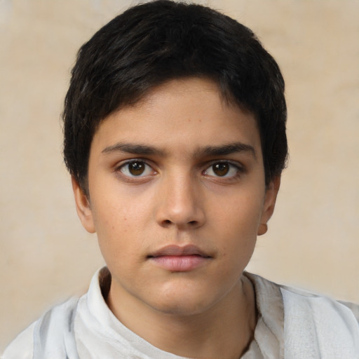 Neutral latino child male with short  black hair and brown eyes