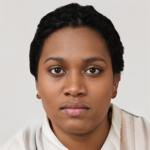 Neutral black young-adult female with short  black hair and brown eyes