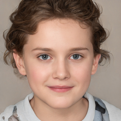 Joyful white child female with medium  brown hair and blue eyes