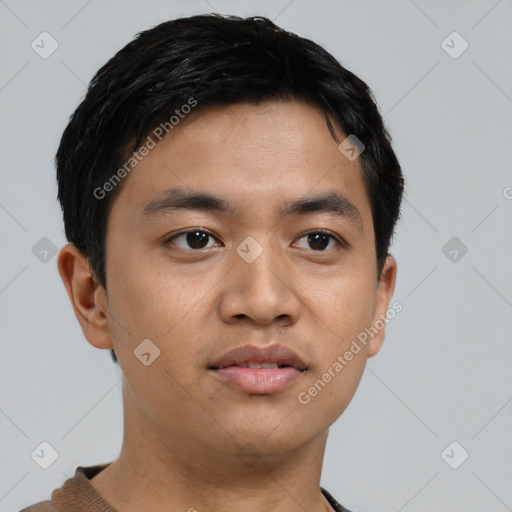 Neutral asian young-adult male with short  black hair and brown eyes